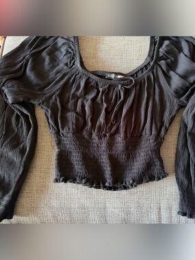 Fashion Nova Black Smocked Tie-Front Peasant Crop Top